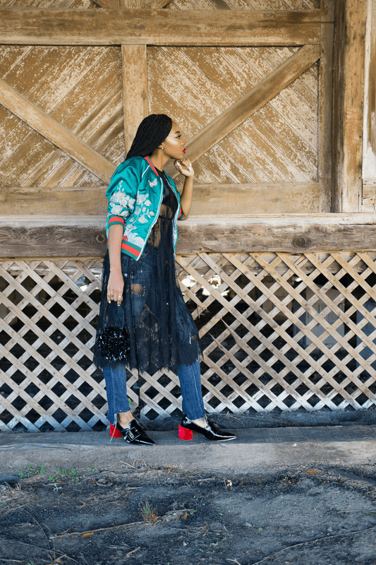 Gucci Embroidered Duchesse Bomber, street style, dupe, Miu Miu fur heeled loafers, holiday style 2016, 